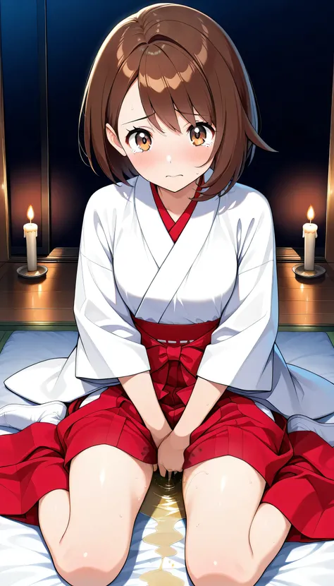 zzGloria, brown hair, brown eyes, very detailedな目と顔, perfect face, perfect hand, perfect legs, perfect fingertips, (Highest Quality, very detailed, CG illustration , masterpiece, best aesthetics),
japanese clothes, miko, red hakama, hakama skirt, white k...