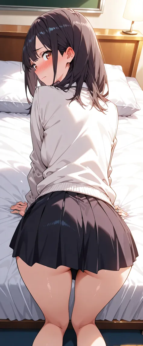 high resolution, Adult Women , Good Lighting, Despicable, , (on the bed,on all fours), (((School Uniform,miniskirt))), , Abdominal area only, (), , cute face, I' m I'm so embarrassed that I blush, ((Looking back)), (())(ring with hand near side angle...