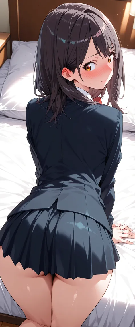 high resolution, Adult Women , Good Lighting, Despicable, , (on the bed,on all fours), (((School Uniform,miniskirt))), , Abdominal area only, (), , cute face, I' m I'm so embarrassed that I blush, ((Looking back)), (())(ring with hand near side angle...