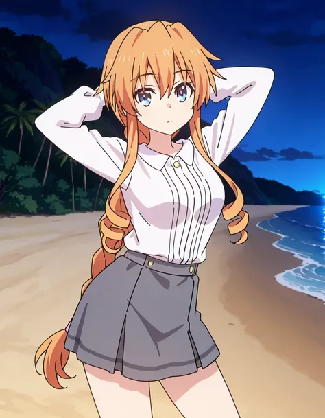 aayuzuru, blue eyes, orange hair, braided ponytail, drill hair, medium breast, yuzuruc1, white shirt, long sleeves, grey skirt, anime coloring, high quality, solo, night sky, beach, hands behind head, ((contrapposto)), closed mouth, cowboy shot, looking at...