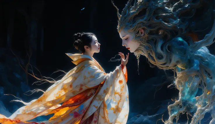 ,A woman singing into a microphone. Kimono, Japan,Perfect Anatomy, dynamic pose, 1girl, Studio Ghibli Dark Fairy Tale