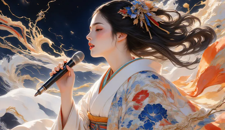A woman singing into a microphone., Kimono, Japan,Perfect Anatomy, dynamic pose, 1girl,