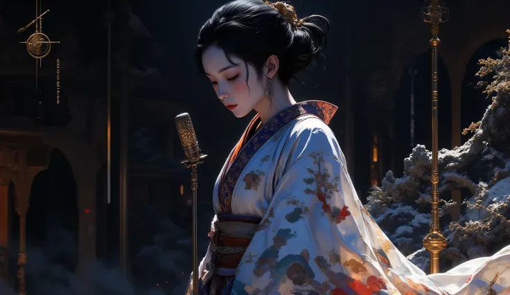 ,A woman singing into a microphone. Kimono, Japan,Perfect Anatomy, dynamic pose, 1girl, Studio Ghibli Dark Fairy Tale