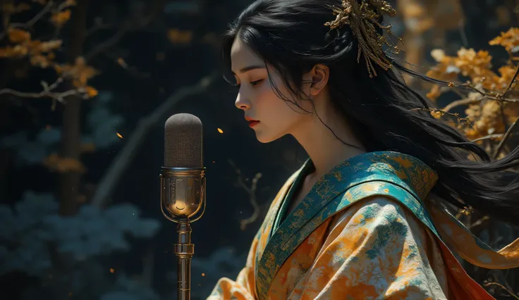 ,A woman singing into a microphone. Kimono, Japan,Perfect Anatomy, dynamic pose, 1girl, Studio Ghibli Dark Fairy Tale