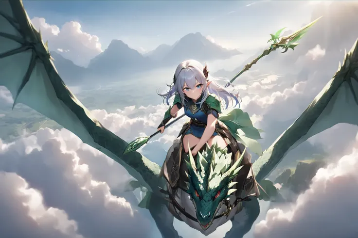 three-quarter view,pov,overhead angle,aerial view,Score 9, Score 8 Up, Score 7 Up, accurate body composition, exact number and shape of fingers, Masterpiece, Top Quality, Ultra-Detailed, Illustration, (Main Character: 1.4),1girl,solo,holding polearm,wyvern...