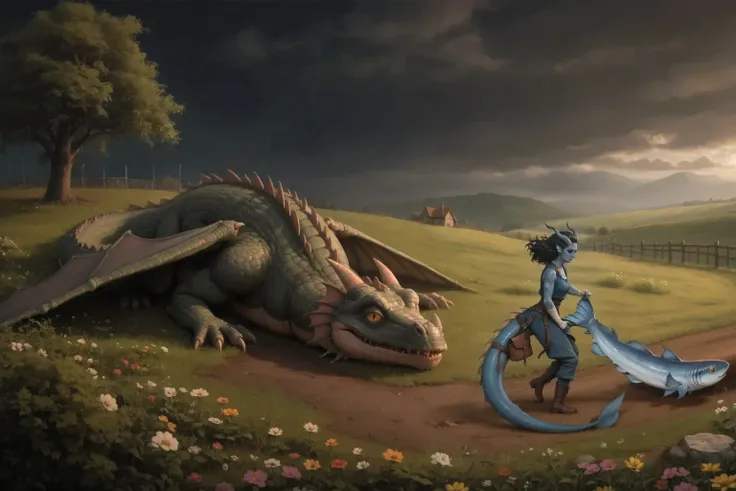 On the right side of the frame, Kedra, young woman (with dark blue-gray skin), fins on the head, horns, , a long thick tail spreads across the ground, loose black hair develops in the wind, Two girls standing waist-deep in dark slurry, bright blue eyes ...