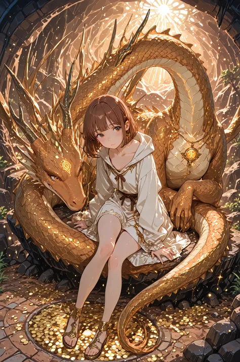 (masterpiece, better quality, ultra-detailed, anime illustration, official art, resolution 8k: 1.3)anime key visual, masterpiece, best quality, 1girl, a cute young fantasy druid adventurer with determined eyes, gently stroking the snout of a massive, intel...