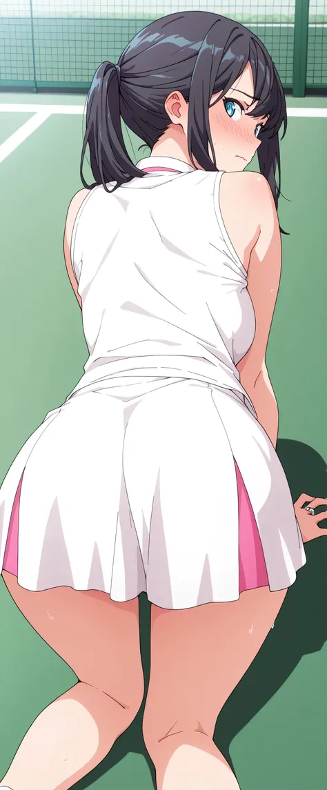 high resolution, Adult Women , Good Lighting, Despicable, , (tennis court,on all fours), (((tennis wear,undercoat))), , Abdominal area only, (), , cute face, I' m I'm so embarrassed that I blush, ((Looking back)), (())(ring with hand near side angle)...