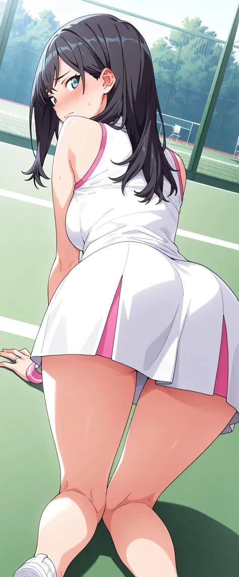 high resolution, Adult Women , Good Lighting, Despicable, , (tennis court,on all fours), (((tennis wear,undercoat))), , Abdominal area only, (), , cute face, I' m I'm so embarrassed that I blush, ((Looking back)), (())(ring with hand near side angle)...