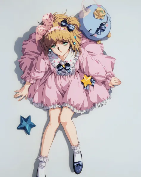 score_9, score_8_above, score_7_above,
<blora:robot_carnival_presence:1>
presence, 1girl, blond hair, star pendant, blue hair bands, pink dress with ruffle collar, white background, pink polka dot ribbon, green eyes, aboveper body, retro_Art Style, source_...