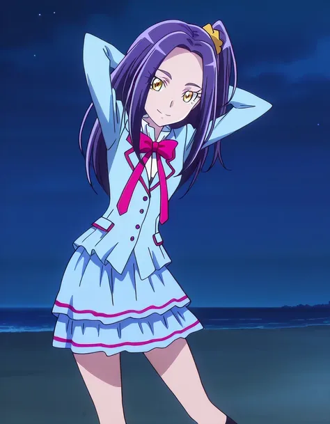 kurokawa eren, aria gakuen school uniform, purple hair, long hair, one side up, side ponytail, parted bangs, shiny hair, yellow eyes, eyelashes, hair scrunchie, yellow scrunchie, blue shirt, blue jacket, blazer, white shirt, long sleeves, pink neckwear, pi...