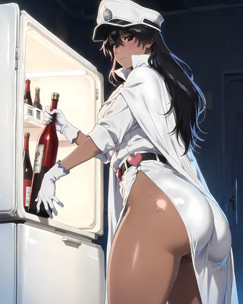 (side view, close-up:1.4), from side, (cowboy shot:1.1), indoors, (dark room:1.2), at night, anatomically correct, solo, 1 girl, (4 fingers, (1 thumb)), standing on the left side, (turning the body to the right), (tired), (blush:0.8), sweat slash, closed m...