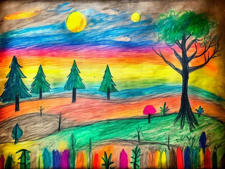 forest, drawn with colored chalk, messy, doodle 