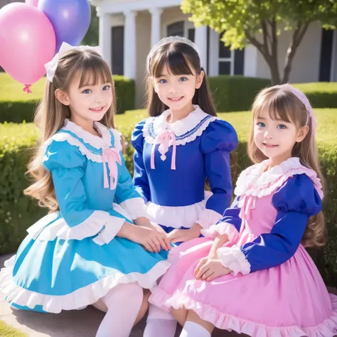 (( Distant Scenery,full body,sitting:1.0)),Highest Quality, masterpiece, highest resolution, Artwork, super それにget used to it, many get used to it, get used to it, それにget used to it, 3k photos,,Three Ladies from a Noble Family,. ((10 year old European girl...