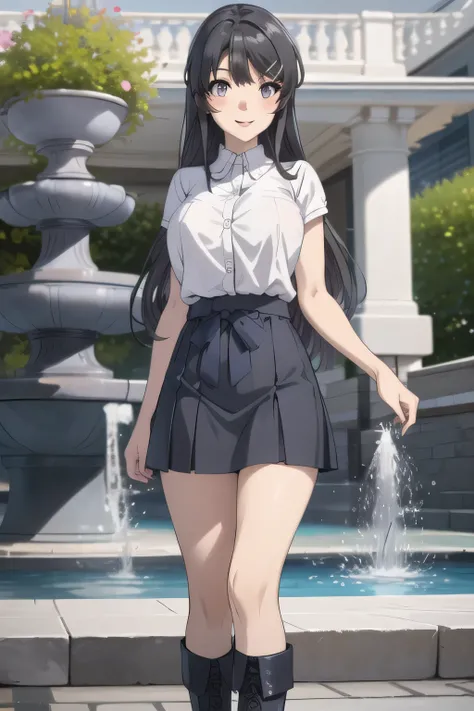 Furthermore, can you draw sharper in focus on people,black hair long hair，Smile Yan，standing in the teacher's house，can you draw a woman in front of a park fountain，College student with huge breasts in plain clothes，skirt，Splendid Thighs，Beautiful legs，boo...
