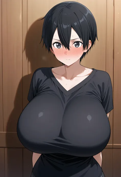 kazuto_kirigaya, kirito, black hair, black eyes, short hair, hair between eyes full-body shot blush Big breasts Huge breasts Gigantic breasts
