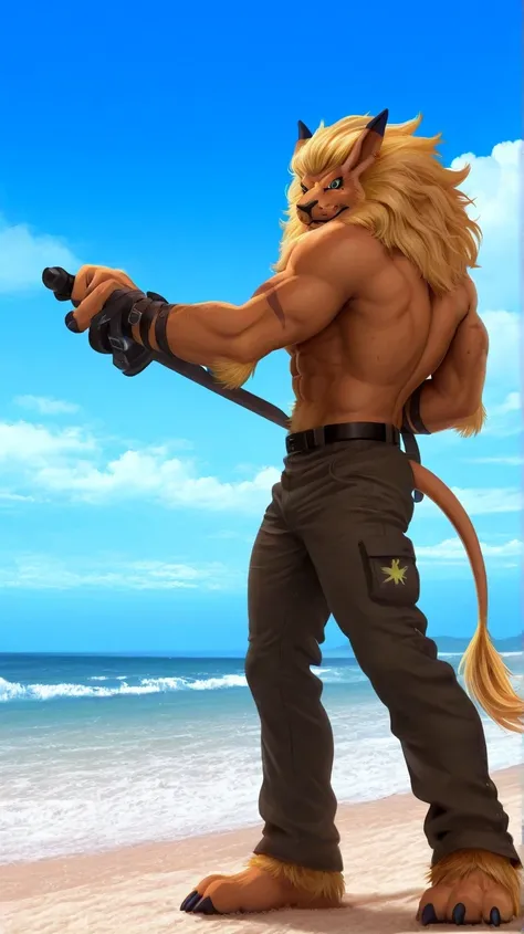 Male Leon furry, lion's mane, furry, wearing Leomon pants, simple belt, sword in the right hand , white sleeveless shirt with star print , emerald eyes, full body , shirtless, muscular body, background on a beach, sky blue, white clouds , Leomon ,( Dig...
