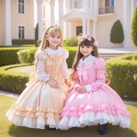 (( Distant Scenery,full body,standing:1.2)),Highest Quality, masterpiece, highest resolution, Artwork, super それにget used to it, many get used to it, get used to it, それにget used to it, 3k photos,,Three Ladies from a Noble Family,. ((10 year old European gir...