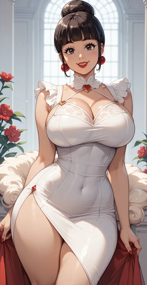 1girl, (((Chichi.))) (((piel clara))) hair, black eyes, hair atado, red lipstick. huge breasts. wide hip. thighs and wide legs. sexy pose, charismatic, smile. (((alone))) Wear a Shalltear Bloodfallen cosplay dress. tight