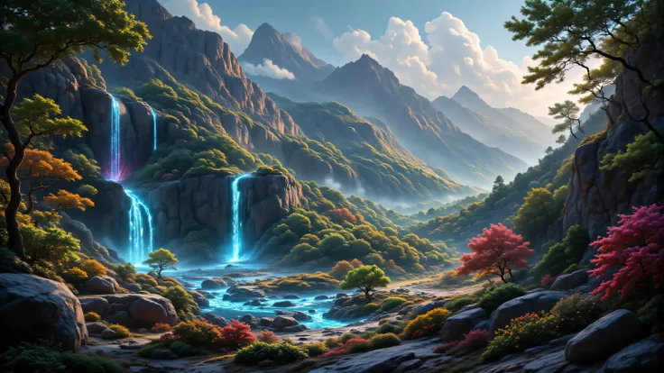 Create a hyper-realistic, cinematic vision of a completely new planet, a lush, vibrant world overflowing with water and greenery.
Main Scene Elements:
Towering waterfalls cascading from floating cliffs and mountain peaks into crystal-clear rivers.
Dense...