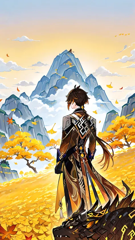 gm_thicklines, leaf, autumn_leaves, maple_leaf, ginkgo_leaf, autumn, cloud, falling_leaves, long_hair, zhongli_\(genshin_impact\), azhdaha_\(genshin_impact\), Mountain