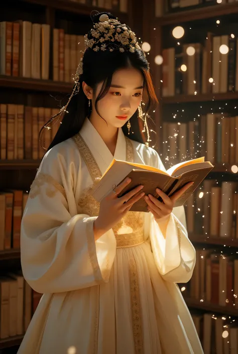 ((Masterpiece, best quality))), jiyeon_oc:1.2, 8k, realistic, super-realist, super-detailed, magical firefly effect,
An old and old library (Seojae) in the traditional Korean palace.
A study in an old and old palace. Webbed, dark, traditional lighting made...