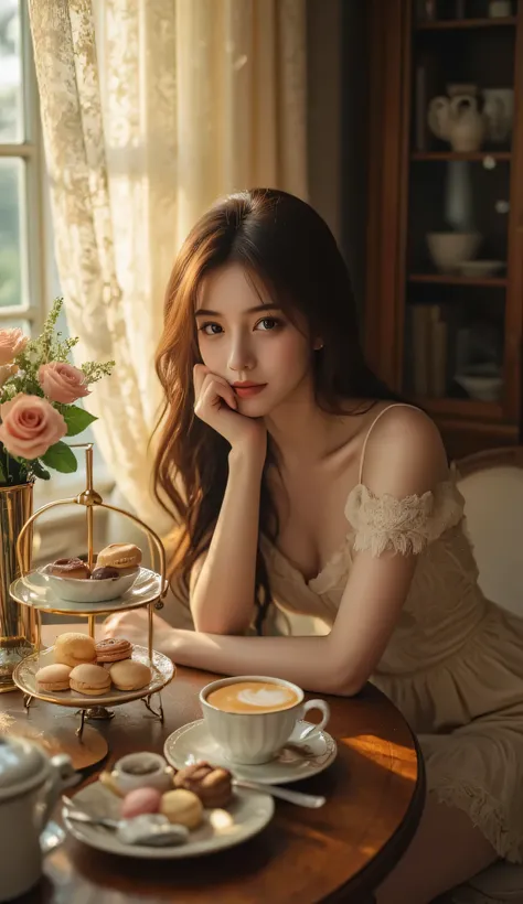 (masterpiece:1.4), (best quality:1.4), (high resolution:1.3), (ultra-detailed:1.3), 8k, realistic anime style, breathtakingly beautiful young woman, (long wavy chestnut hair:1.2), (captivating soft eyes:1.2), (fine face details:1.2), (shiny skin highlights...