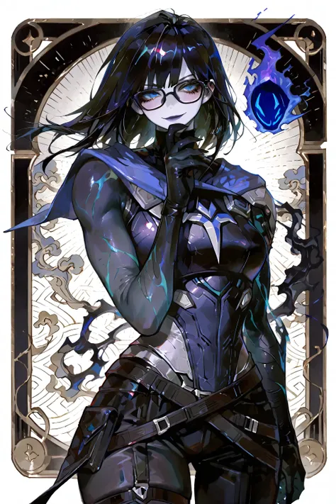 ,omen_(valorant),adult female fantasy background、Thin-rimmed black glasses, omen woman version, gender change