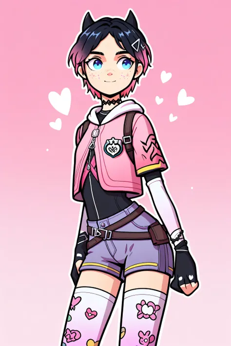 shorts, print legwear, pink jacket, very short hair, legwear under shorts, pink vest, jacket, choker, ,short hair, small horns, black hair, pink hair, gradient hair, black shirt, blue eyes, freckles, ,clove \(valorant\),Uma imagem vívida e marcante apresen...