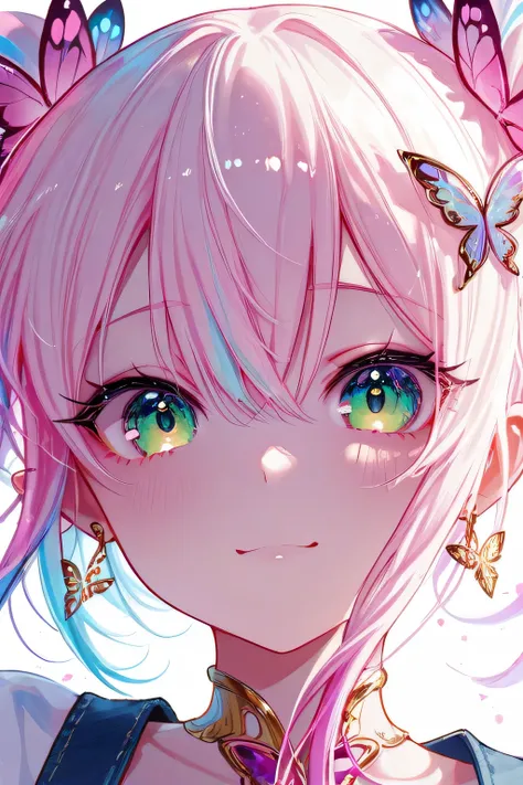 A delicate, ethereal anime-inspired character with short, pastel-colored hair and large, expressive green eyes. The character has soft, luminous skin with colorful reflections and subtle highlights. They wear shimmering, translucent accessories including a...