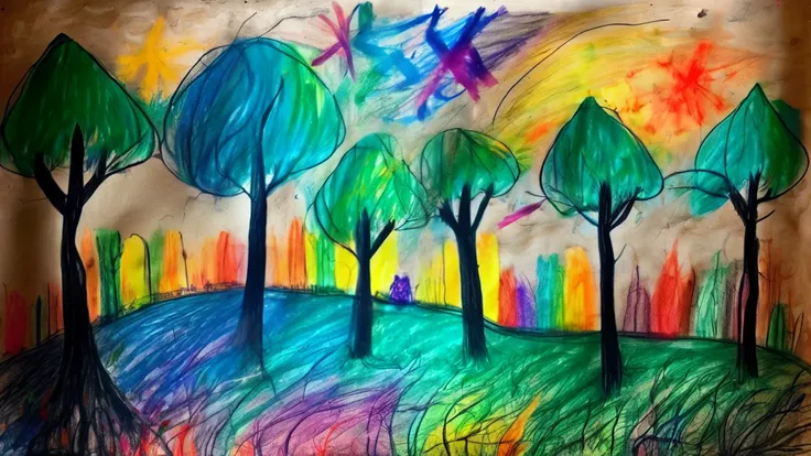forest, drawn with colored chalk, messy, doodle 
