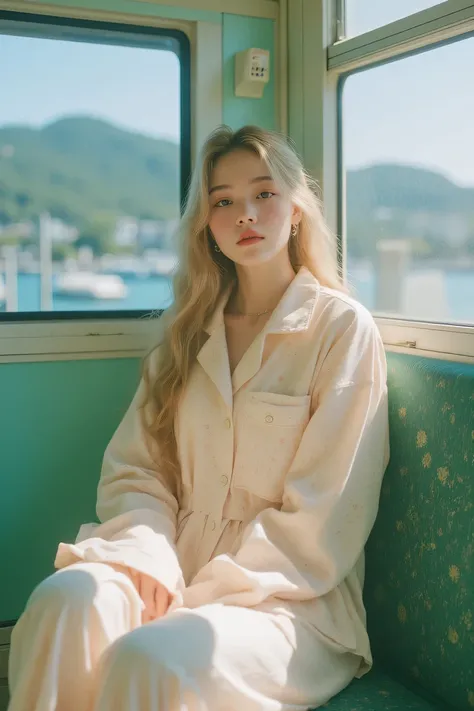 Shonan、 Enoshima Electric Railway、A woman in pajamas 、20 years old、white skin、looks like a K-pop idol、big boobs、Full Body