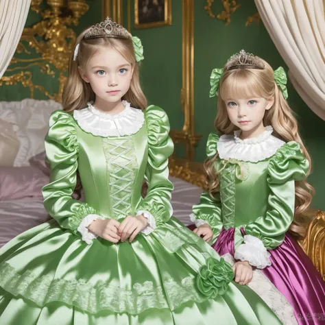 ,Highest Quality, masterpiece, highest resolution, art work, super それにget used to it, many get used to it, get used to it, それにget used to it, 3k photos,,((10 year old girls)),super fine young face,The three are princesses,long ball gown dress with hoop ski...