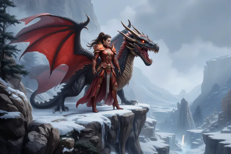 zavy-ctcmcs,hyp3rd3tail style,Celestial Fantasy,a picture of a female warrior princess with her dragon mount, standing on top of cliff watching the icy tundra (intense details, Masterpiece, best quality), elegant, glam, fantasy red armor with flame pattern...