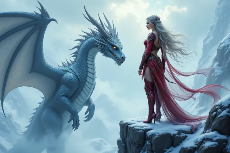 hyp3rd3tail style,FntsyPstlCE style,aidmamj6.1,,a picture of a female warrior princess with her dragon mount, standing on top of cliff watching the icy tundra (intense details, Masterpiece, best quality), elegant, glam, fantasy red armor with flame pattern...