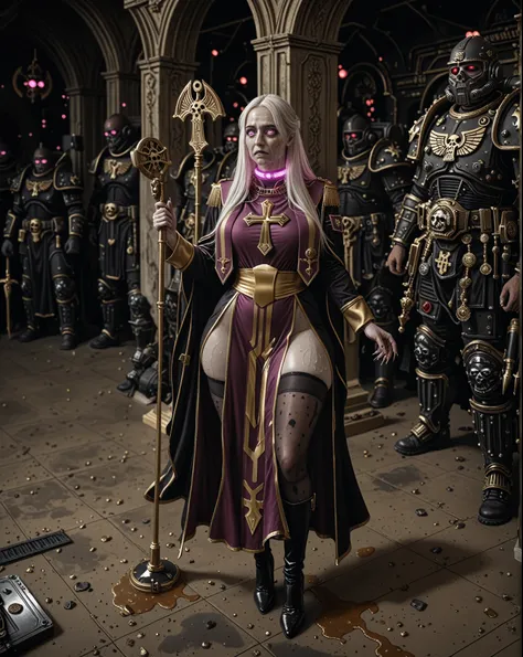 Important (Cassia from game Rogue Trader, 20 year old noble woman, thight high boots, stockings, purple and gold long priest uniform, warhammer 40 000 theme):
Scene (space ship corridor):
Character Face (sad look, sad, sleepless, goth makeup, red glowing e...