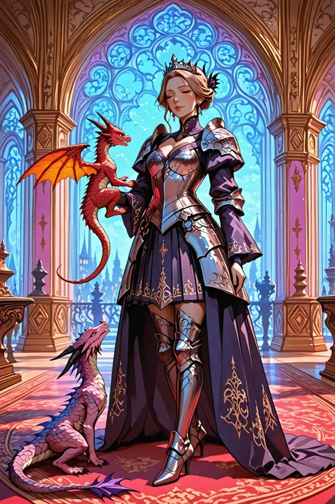 aidmaMJ6.1,femillustration,there is a mature woman playing with a small dragon, she wears armored dress, small cleavage, high heels boots, BREAK small dragon, playful dragon, multi colored dragon, fantasy room of a palace background,