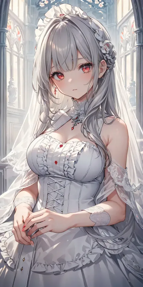 (Limited edition palette), Highest quality, (((masterpiece))), (((Beautiful detailed hair))), (((Beautifully detailed skin))), alone, , young, change, (((Gray Hair))), Red eyes, (mascara), Blunt bangs, ((Hair above the eyes)), Long Hair, Big Breasts, Ruffl...