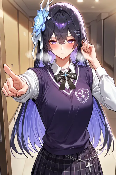 score_9, score_8_up, score_7_up, masterpiece, best quality, very aesthetic, absurdres, tunning image, attractive image, 1girl, adult grown woman, solo, seele vollerei (herrscher of rebirth), black hair, long hair, hair ornament, blue eyes, white pupils, sm...