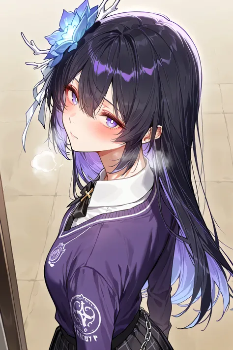 score_9, score_8_up, score_7_up, masterpiece, best quality, very aesthetic, absurdres, tunning image, attractive image, 1girl, adult grown woman, solo, seele vollerei (herrscher of rebirth), black hair, long hair, hair ornament, blue eyes, white pupils, sm...