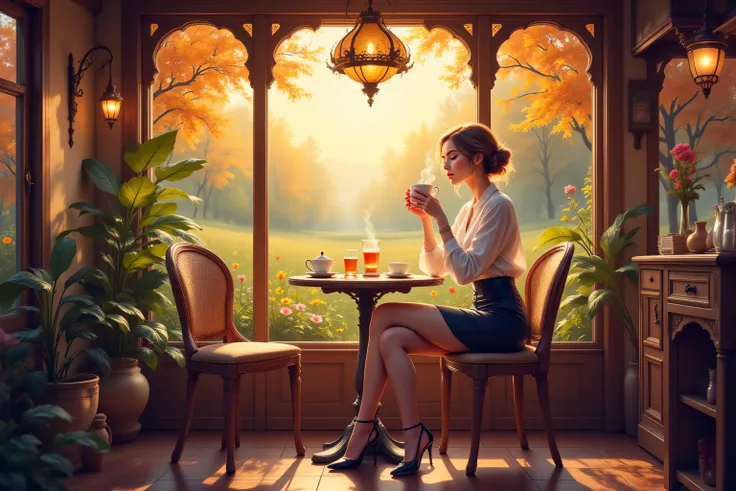Colorful,hyp3rd3tail style,FntsyPstlCE style,aidmamj6.1,aidmaMJ6.1, femillustration, there is a mature woman seating drinking a hot cup of tea in coffee shop at afternoon, warm sunset colors, after a long day, elegant dressed woman, wearing short skirt, wh...