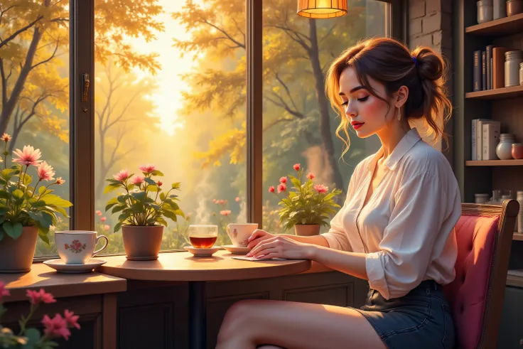 Colorful,hyp3rd3tail style,FntsyPstlCE style,aidmamj6.1,aidmaMJ6.1, femillustration, there is a mature woman seating drinking a hot cup of tea in coffee shop at afternoon, warm sunset colors, after a long day, elegant dressed woman, wearing short skirt, wh...