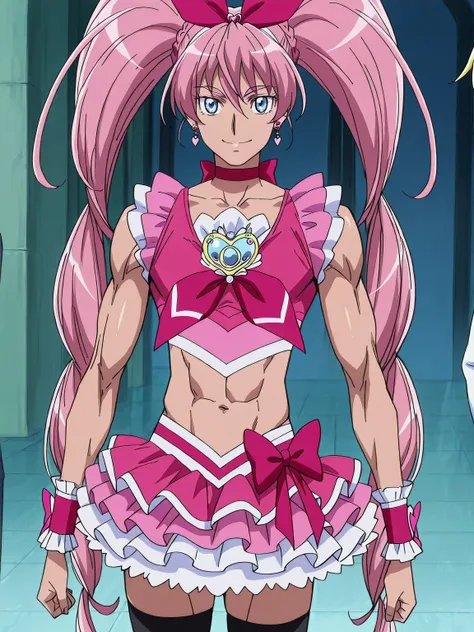 score 9 、score 8 up、score 7 up、source anime、傑作、best quality、best resolution、best image quality、Very detailed face、Very detailed eyes、anime coloring、anime screencap、anime screenshot、official style、1boy、(male:1.5)、cure melody is boy、man is wearing a crop top...