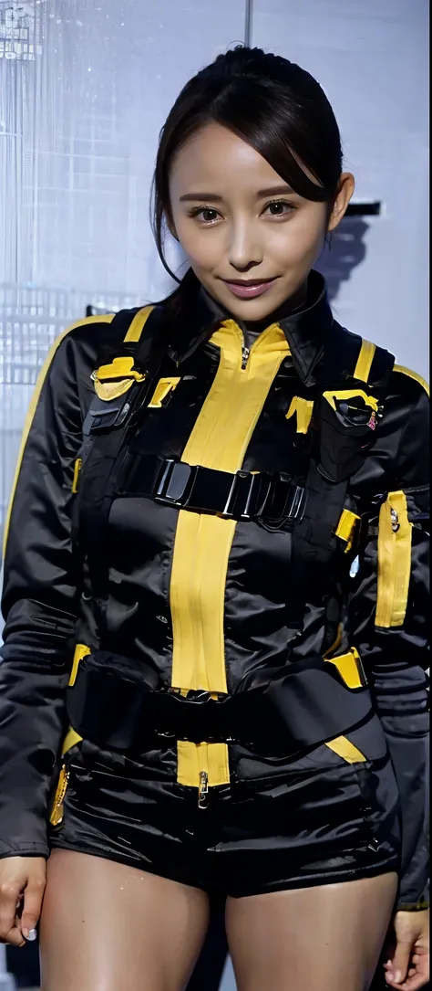 (   extremely realistic ), ( Highest Quality), ((round,             SMALL AND PRECISE FACE            )),short shorts,black gloves,黒 shorts, boots,jacket,shorts, dark hair ,BIG BREASTS, Adult female , Her breasts are big and rounded, clothes are perfect fo...