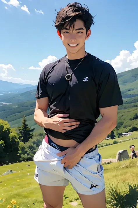 Adult Male　Duo　handsome guys　 slim figure　Thin　short hair　dark haired　　　whiteｔshirt　　White Shorts　白のknee-length shorts　My crotch when my legs are open 　 Plateau　　the background is a beautiful sky and mountains　　Make your face bigger　　looking at the camera ...