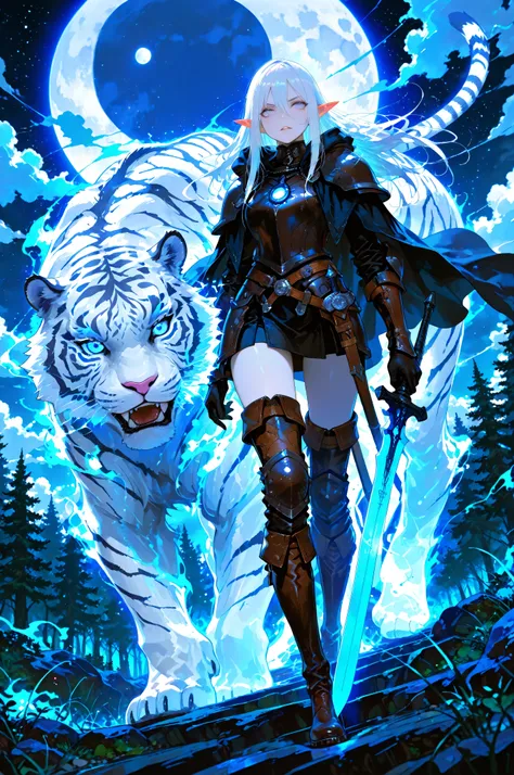 picture of a female drow elf ranger and her pet white tiger, warrior of nature, fighter of nature, a female beautiful epic drow wearing leather armor (masterpiece best quality, amazing quality), leather boots, black skin, thick hair, long hair, white hair,...