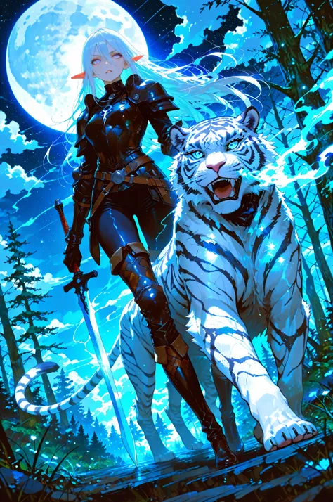 picture of a female drow elf ranger and her pet white tiger, warrior of nature, fighter of nature, a female beautiful epic drow wearing leather armor (masterpiece best quality, amazing quality), leather boots, black skin, thick hair, long hair, white hair,...