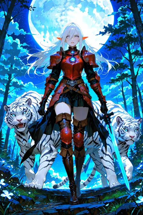 picture of a female dark elf ranger and her pet white tiger, warrior of nature, fighter of nature, a female beautiful epic drow wearing leather armor (masterpiece best quality, amazing quality), leather boots, black skin, thick hair, long hair, white hair,...