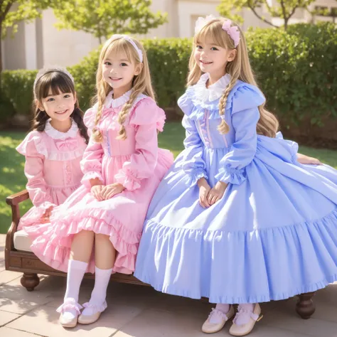 (( Distant Scenery,full body,standing:1.2)),Highest Quality, masterpiece, highest resolution, Artwork, super それにget used to it, many get used to it, get used to it, それにget used to it, 3k photos,,Three Ladies from a Noble Family,. ((10 year old European gir...