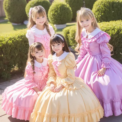 (( Distant Scenery,full body,standing:1.2)),Highest Quality, masterpiece, highest resolution, Artwork, super それにget used to it, many get used to it, get used to it, それにget used to it, 3k photos,,Three Ladies from a Noble Family,. ((10 year old European gir...